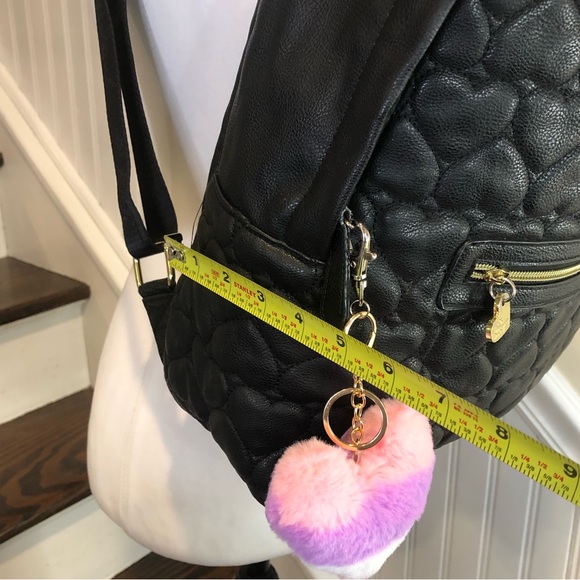 BETSEY JOHNSON Quilted Black Heart Backpack Floral Lining & NEW Pom Pom Heart - Picture 11 of 15